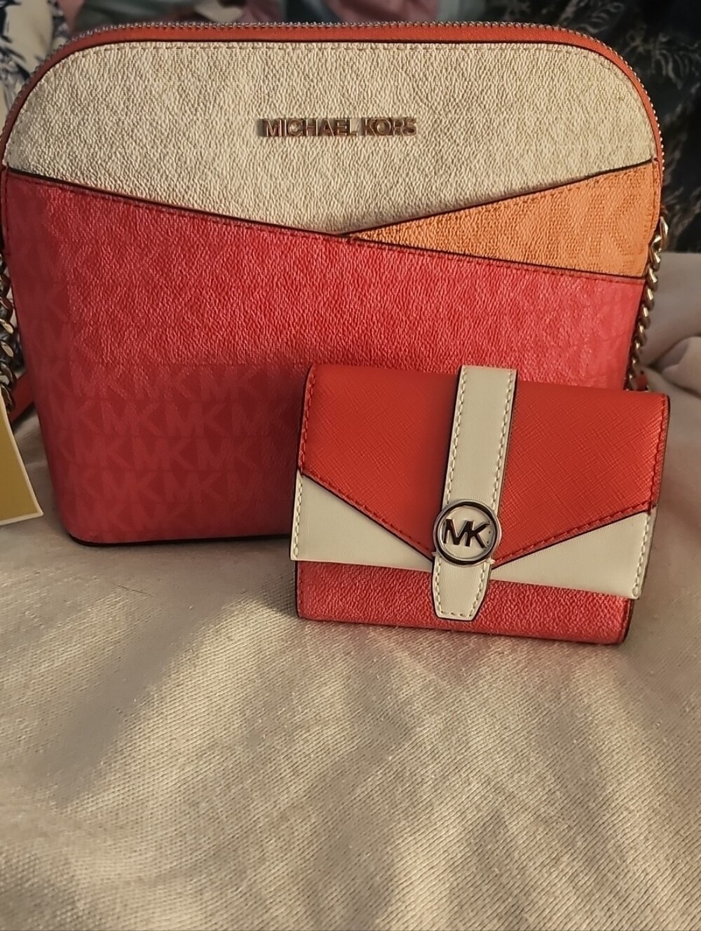 Michael Kors Colorblock Crossbody Bag and Wallet in Coral, Orange & Cream